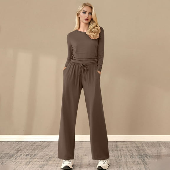 Women's Fall Two Piece Outfits Track Suits Long Sleeve Crop Tops Tee Shirts Wide Leg Pants Matching Sets Insulated Overalls Women Interview Pants Suits for Women Womens Pantsuit Women Gear Snowmobile