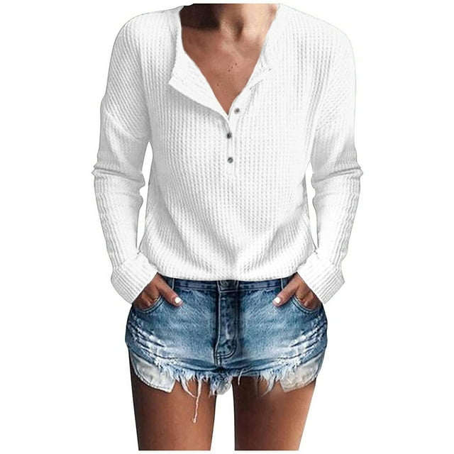Women's Fall Waffle Knit Tunic Tops Loose Long Sleeve Button Up V Neck Henley Shirts