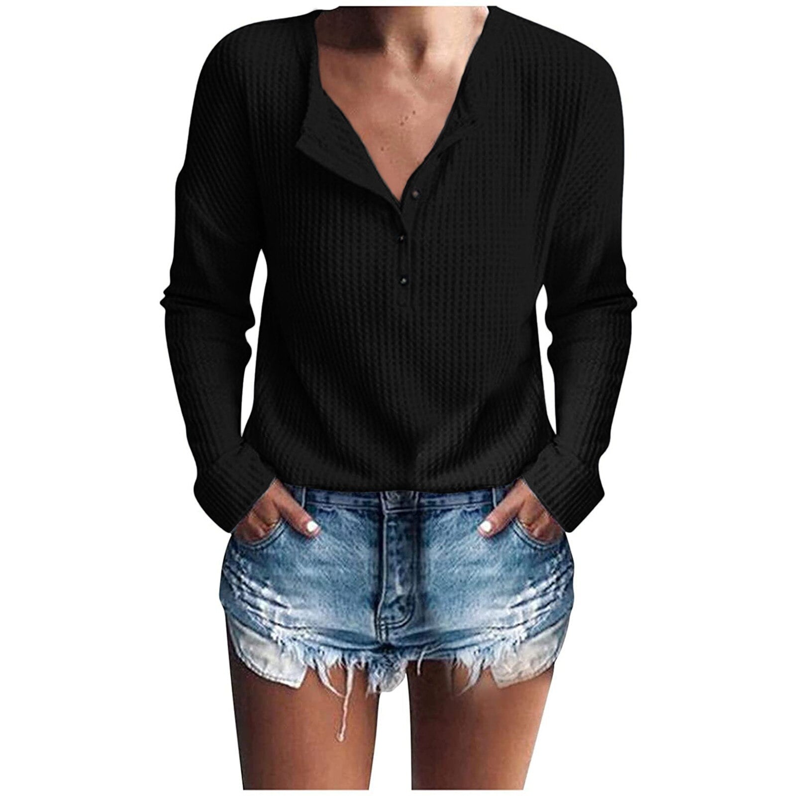 WAFFLE SHORT SLEEVE V-NECK TUNIC TOP