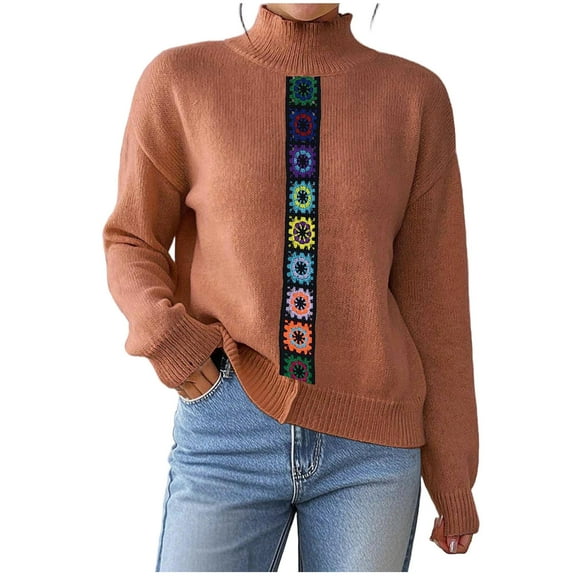 Women's Fall Weater Floral Crochet Long Sleeve Blouse Mock Neck Ribbed Knit Casual Tops Coffee L