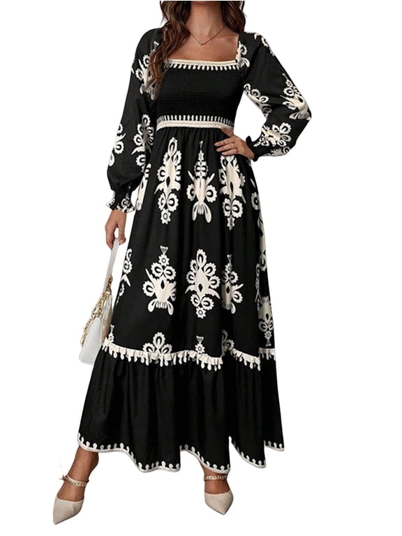 Women's Fall Wedding Guest Dresses Boho Floral Long Sleeve V Neck Flowy Elegant Maxi Dress Beach Clothes Black L