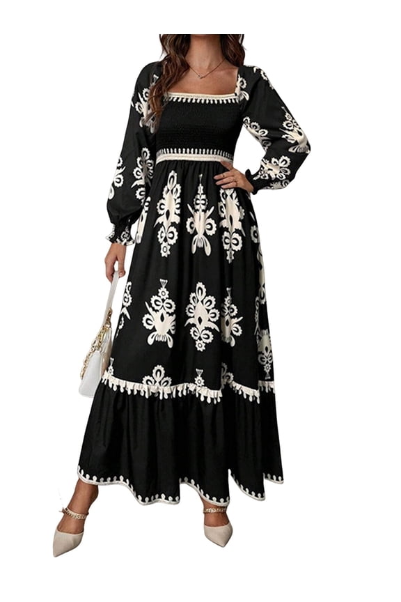 Women's Fall Wedding Guest Dresses Boho Floral Long Sleeve V Neck Flowy Elegant Maxi Dress Beach Clothes Black XL