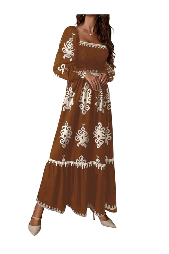 Women's Fall Wedding Guest Dresses Boho Floral Long Sleeve V Neck Flowy Elegant Maxi Dress Beach Clothes Brown XL