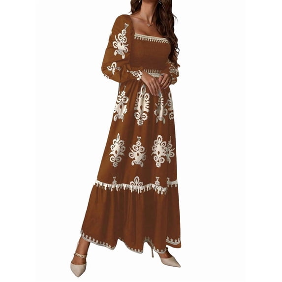 Women's Fall Wedding Guest Dresses Boho Floral Long Sleeve V Neck Flowy Elegant Maxi Dress Beach Clothes Brown XL