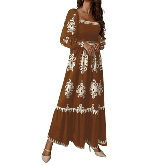 Women's Fall Wedding Guest Dresses Boho Floral Long Sleeve V Neck Flowy Elegant Maxi Dress Beach Clothes Brown XXL