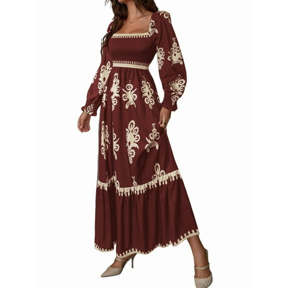 Women's Fall Wedding Guest Dresses Boho Floral Long Sleeve V Neck Flowy Elegant Maxi Dress Beach Clothes Wine Red XXL