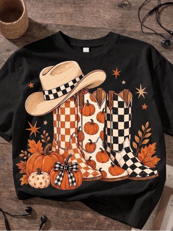 Women’s Fall Western Graphic T-Shirt Cowboy Boots Pumpkin Plaid Print Casual Short Sleeve Cute Autumn Tee Top