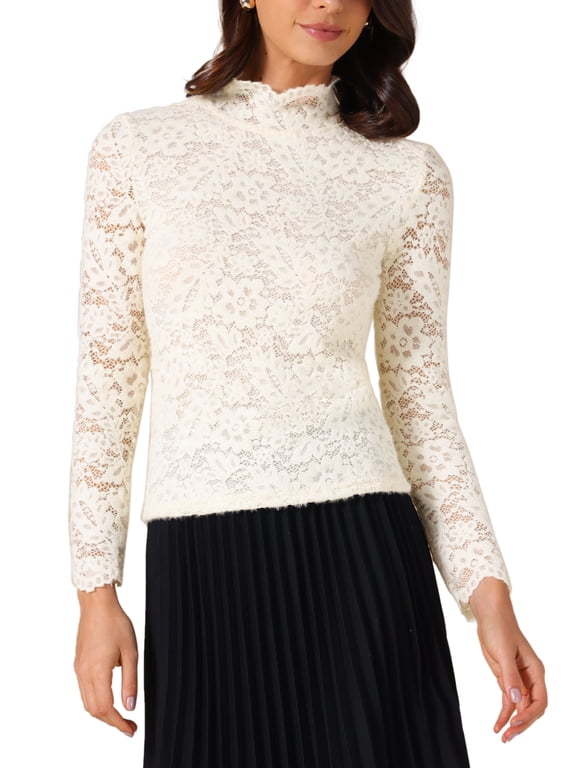 Women's Floral Blouse Ruffle Neck Long Sleeve Fall Winter Lace Top Beige S