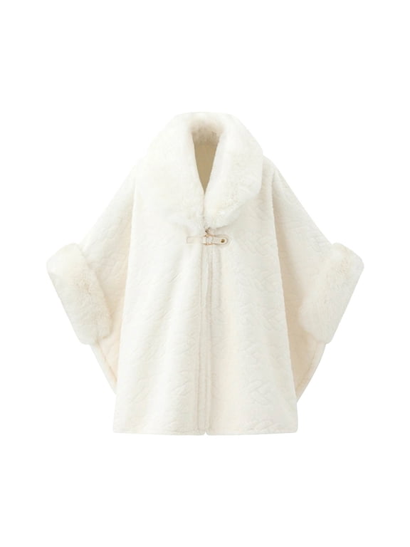 Women's Fall Winter Batwing Cape Shawl Wrap, Thickened Collar Loose Warm Casual Outer Layer Tops White Free Size