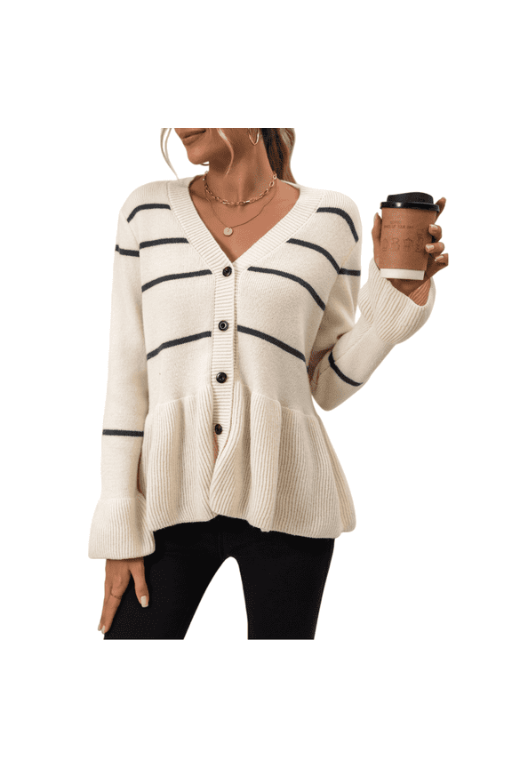 Women's Fall & Winter Casual Ribbed Knit Sweater Cardigan - Beige Striped V-Neck, Long Sleeves, Shell Buttons, S-L Sizes