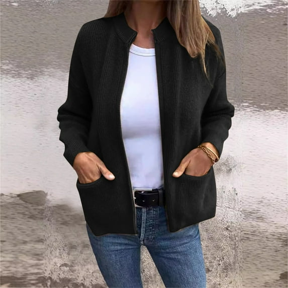 Women’s Fall Winter Casual Stylish Solid Color Pocket Cardigan Jacket Short Open Cardigan plus Size Short Cardigan Open Front Sweaters for Women Short Sweater for Women Closed Leopard Sweater Coat