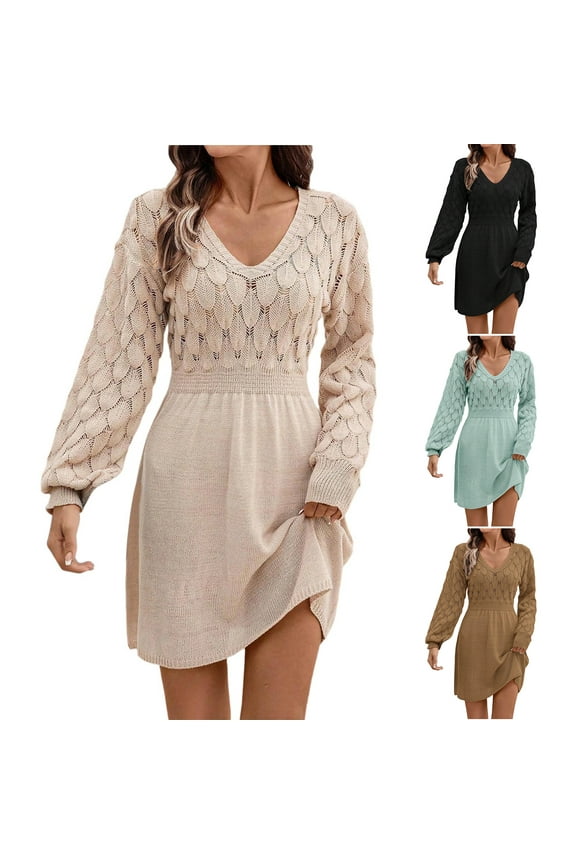 Women's Fall Winter Casual V-Neck Lace Openwork Scale Texture Solid Color Long Sleeve Sweater Dress, Elegant Knit Dress with Unique Details for Women,Black,L