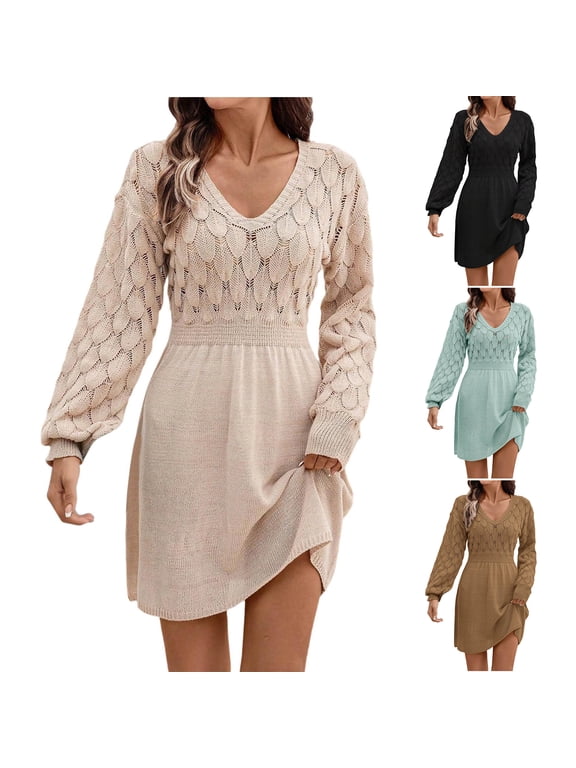 Women's Fall Winter Casual V-Neck Lace Openwork Scale Texture Solid Color Long Sleeve Sweater Dress, Elegant Knit Dress with Unique Details for Women,Mint Green,M