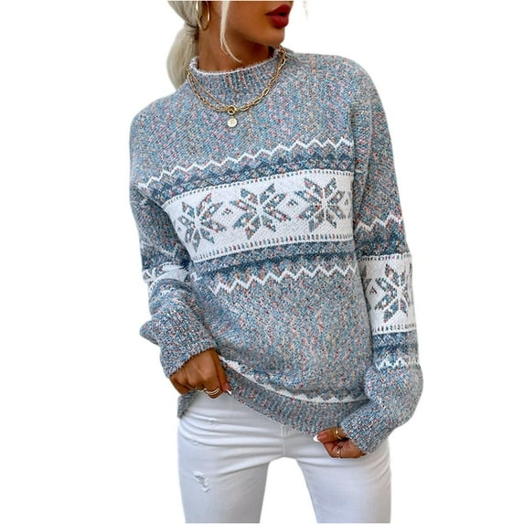 Women's Fall Winter Christmas Striped Color Block Knit Sweater Mock Neck Long Sleeve Pullover with Snowflake Pattern Winter Clothes,Gray,Size M