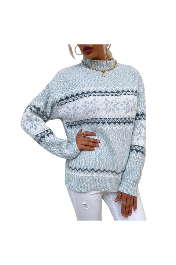 Women's Fall Winter Christmas Striped Color Block Knit Sweater Mock Neck Long Sleeve Pullover with Snowflake Pattern Winter Clothes,Sky Blue,Size S