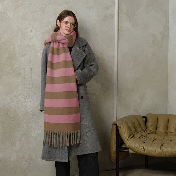 Women's Fall Winter Chunky Scarf, Thick Warm Knit Blanket Scarf, Long Oversized Striped Tassel Shawl Wrap for Cold Weather, Soft Fashion Neck Wrap for Travel, Outdoor, Daily Wear Brown