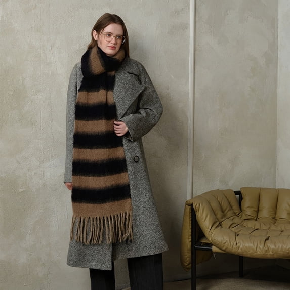 Women's Fall Winter Chunky Scarf, Thick Warm Knit Blanket Scarf, Long Oversized Striped Tassel Shawl Wrap for Cold Weather, Soft Fashion Neck Wrap for Travel, Outdoor, Daily Wear Coffee