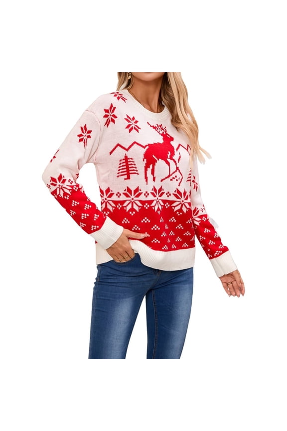 Women's Fall Winter Crew Neck Knitted Sweater Animal Ethnic Geometry Snowflake Cropped Boho Pullover Tops White M