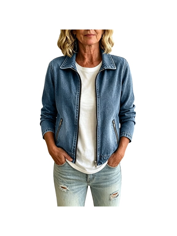 Women's Fall Winter Cropped Denim Jacket Long Sleeve Zip up Jean Coat with Pockets, Casual Fashion Short Lapel Outerwear for Women S-2XL Blue