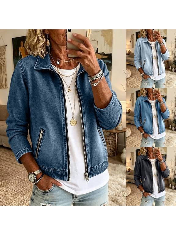 Women's Fall Winter Cropped Denim Jacket Long Sleeve Zip up Jean Coat with Pockets, Casual Fashion Short Lapel Outerwear for Women S-2XL Sky Blue