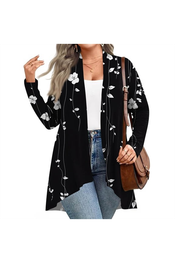 Women's Fall/Winter Fashion Casual Retro Floral Print Cardigan - Long Sleeve, Mid-Length, Black, XXXL