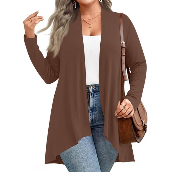 Women's Fall/Winter Fashion Casual Solid Color Cardigan - Long Sleeve, Mid-Length, Coffee Brown, XXL