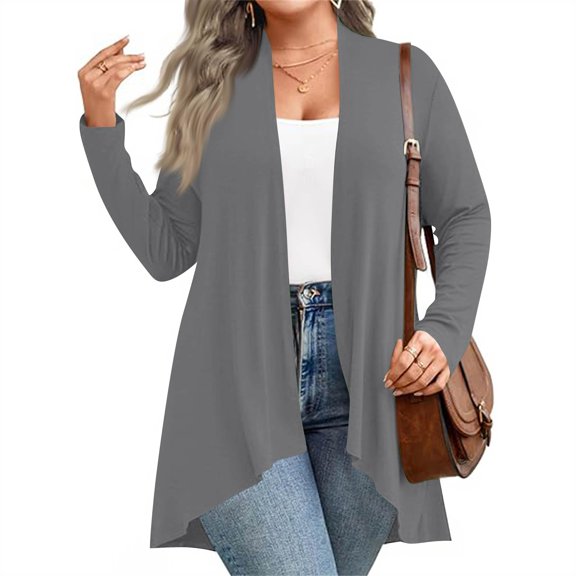 Women's Fall/Winter Fashion Casual Solid Color Cardigan - Long Sleeve, Mid-Length, Gray, XXXXXL