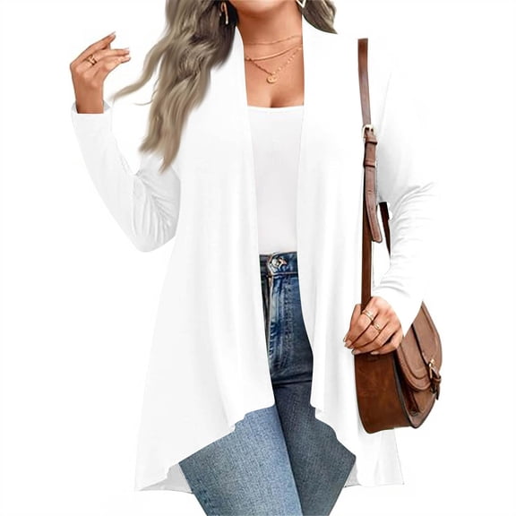 Women's Fall/Winter Fashion Casual Solid Color Cardigan - Long Sleeve, Mid-Length, White, XL