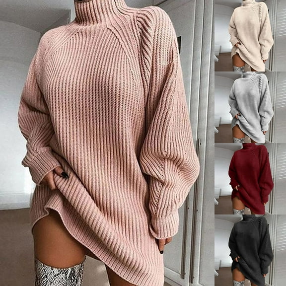 Women's Fall Winter Fashion Casual Solid Color Long Sleeve Turtleneck Sweater Dress, Mid-Length Knit Dress with Raglan Sleeves for Everyday Wear and Comfort,Beige,L