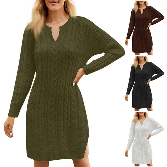 Women's Fall Winter Fashion Mid-Length Loose Fit V-Neck Long Sleeve Solid Color Knit Sweater Dress, Casual and Chic Dress for Everyday Comfort,Black,S