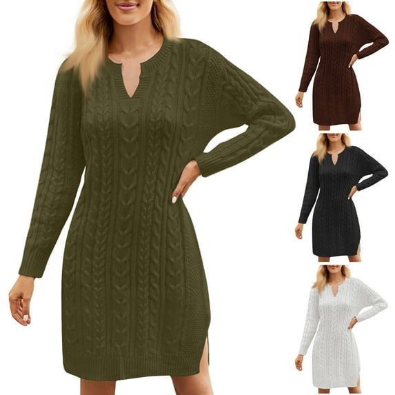 Women's Fall Winter Fashion Mid-Length Loose Fit V-Neck Long Sleeve Solid Color Knit Sweater Dress, Casual and Chic Dress for Everyday Comfort,White,XL