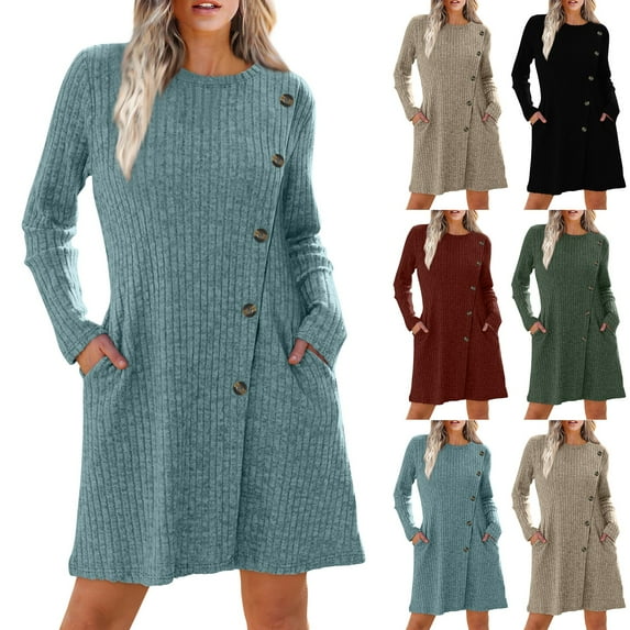 Women's Fall Winter Fashionable Long Sleeve Sweater Dress with Waist Tie and Pockets, Casual Knit Dress for Women, Belted Style for Comfort and Practicality,Royal Blue,S
