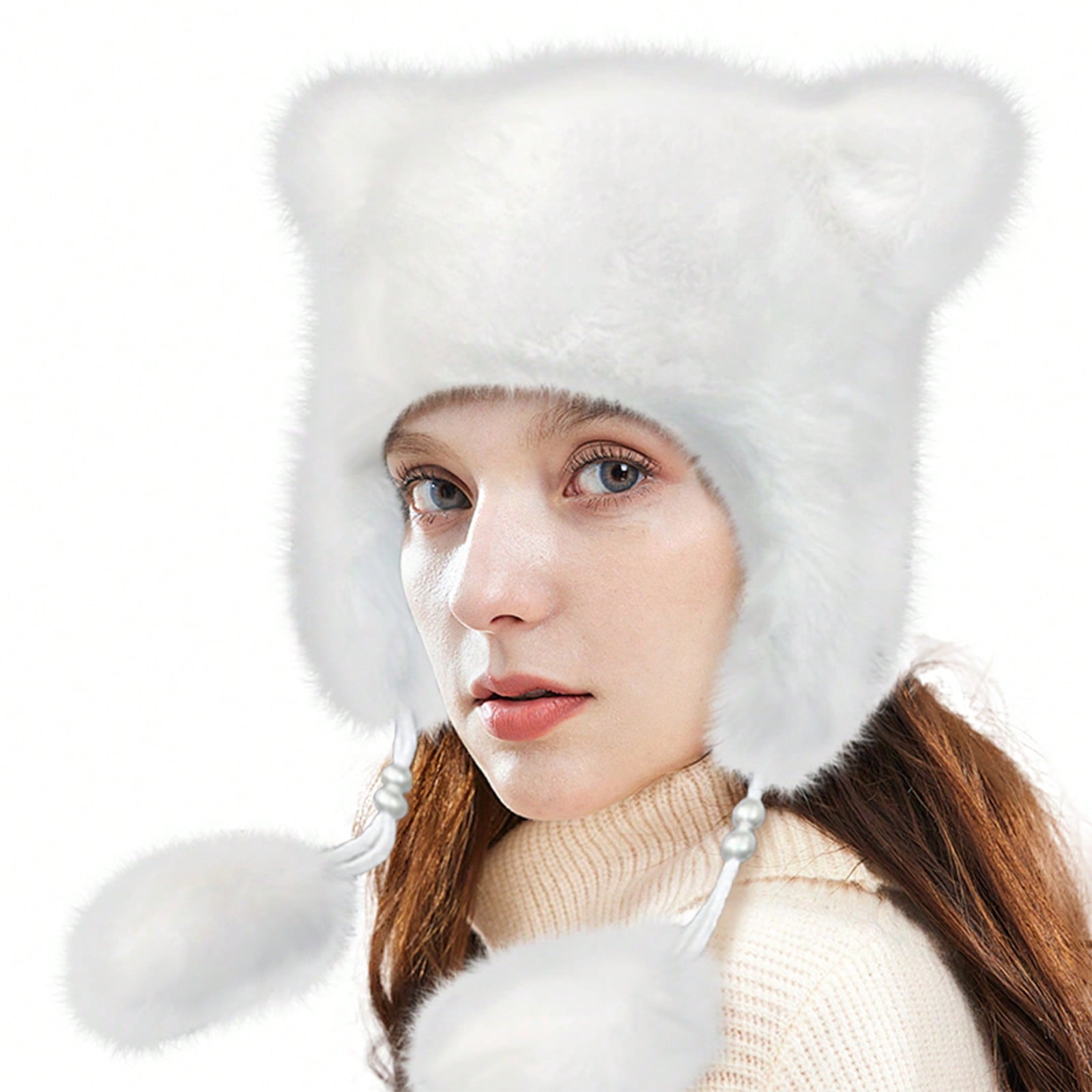 Women's Fall-Winter Faux Fur Bear Ear Trapper Hat Winter Warm Fluffy Pompom Earflap Beanie with Adjustable Cords