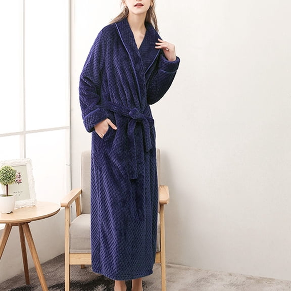 Women's Fall Winter Flannel Bathrobe, Plus Size Soft Warm Thickened Robe Pajamas Casual Loose Home Clothes New Sleepwear for Women Nightgown Navy M