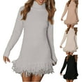 thumbnail image 1 of Women's Fall Winter Fringed High Neck Knit Sweater Dress, Fashionable and Chic Sweater Dress with Fringe Details for a Trendy Casual Appearance,Beige,L, 1 of 4