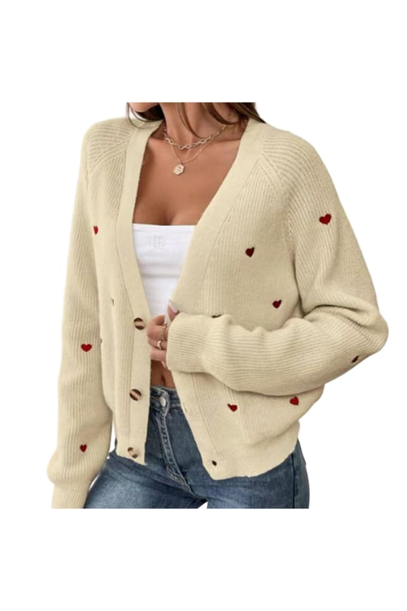 Women's Fall Winter Heart Pattern V-Neck Casual Simple Style Cardigan Sweater Open Front Long Sleeve Knit Wrap Winter Clothes,Beige,Size S