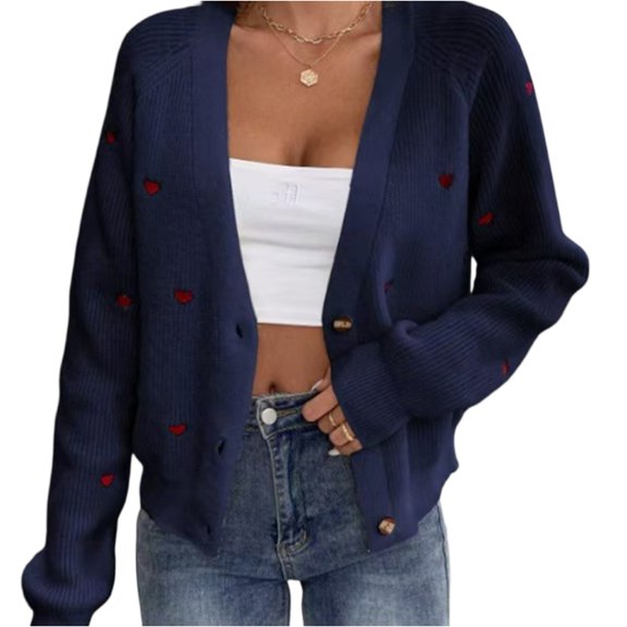 Women's Fall Winter Heart Pattern V-Neck Casual Simple Style Cardigan Sweater Open Front Long Sleeve Knit Wrap Winter Clothes,Navy,Size S