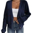thumbnail image 1 of Women's Fall Winter Heart Pattern V-Neck Casual Simple Style Cardigan Sweater Open Front Long Sleeve Knit Wrap Winter Clothes,Navy,Size XL, 1 of 3