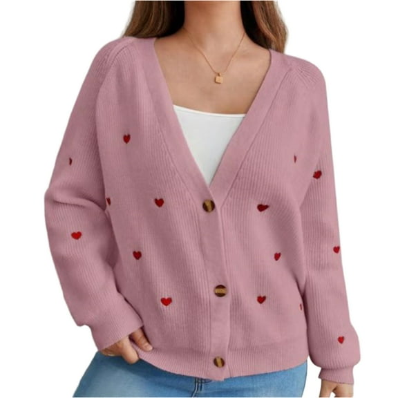 Women's Fall Winter Heart Pattern V-Neck Casual Simple Style Cardigan Sweater Open Front Long Sleeve Knit Wrap Winter Clothes,Pink,Size XL