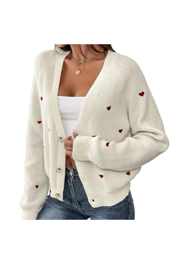 Women's Fall Winter Heart Pattern V-Neck Casual Simple Style Cardigan Sweater Open Front Long Sleeve Knit Wrap Winter Clothes,White,Size M