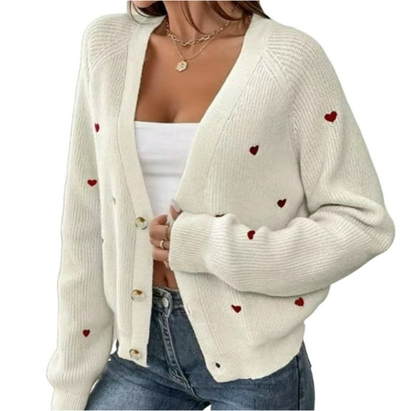 Women's Fall Winter Heart Pattern V-Neck Casual Simple Style Cardigan Sweater Open Front Long Sleeve Knit Wrap Winter Clothes,White,Size XL