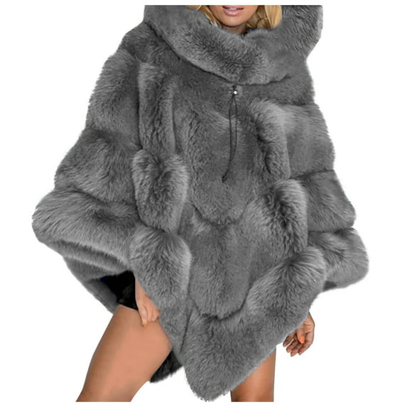 Women's Fall/Winter Hooded Cape - Solid Color Faux Fur Patchwork Loose Jacket, Gray, S