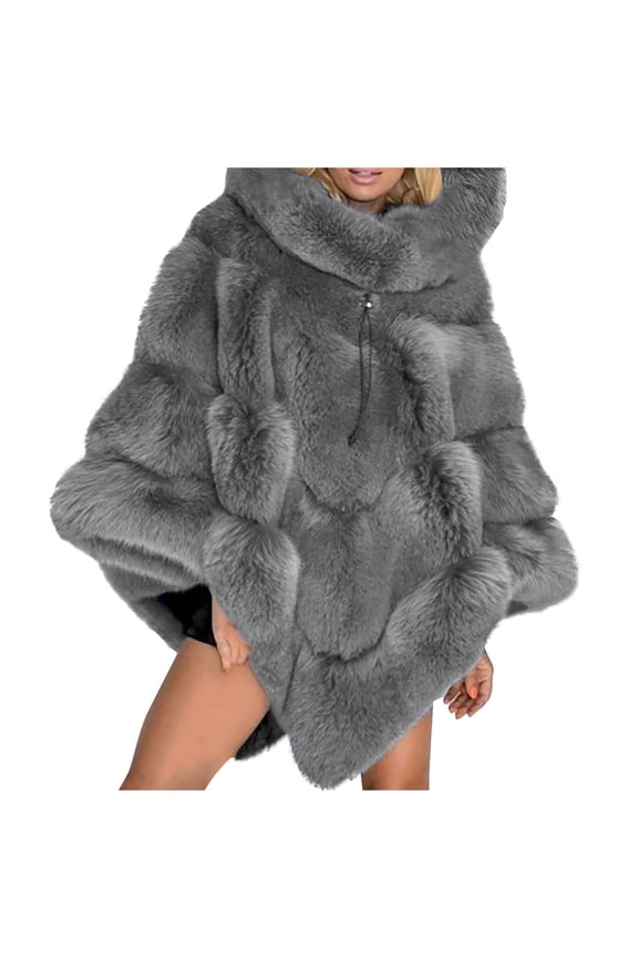 Women's Fall/Winter Hooded Cape - Solid Color Faux Fur Patchwork Loose Jacket, Gray, S