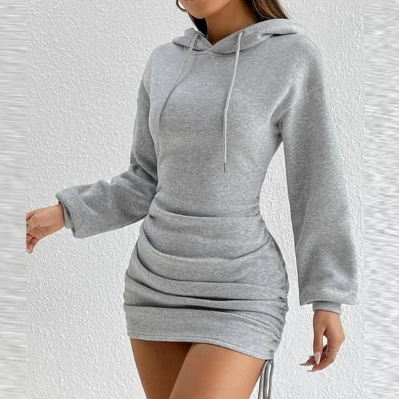 Women's Fall Winter Hooded Drawstring Bodycon Long Sleeve Sweatshirt Dress Womens Hoodie with Zipper Woman Sweat Shirt Ladies Hoodies Pullover Sweatshirt Long Sweatshirts Leggings Women Long Sweater