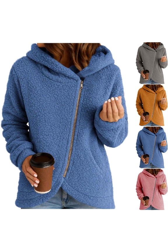 Women's Fall Winter Hooded Zipper Jacket Top Coat for Casual Daily Wear Loungewear Streetwear Travel Fashion Essential Gift for Ladies | CSEONE,Blue L