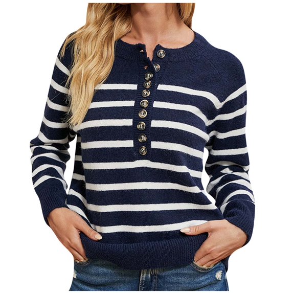 Women's Fall Winter Knit Sweater Stripe Long Sleeve Button Up Sweaters Casual Comfy Pullover Jumper Tops Ladies Clothes