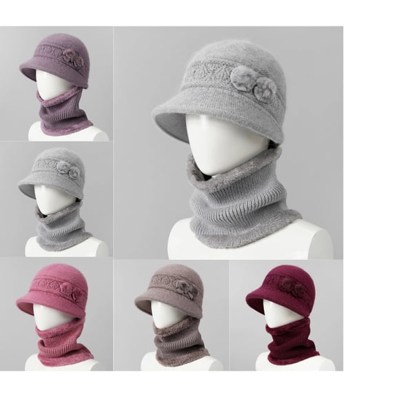 Women's Fall Winter Knitted Bucket Hat Scarf Set Warm Fleece Lined Two-Piece Suit Casual Accessories 16# Gray Free