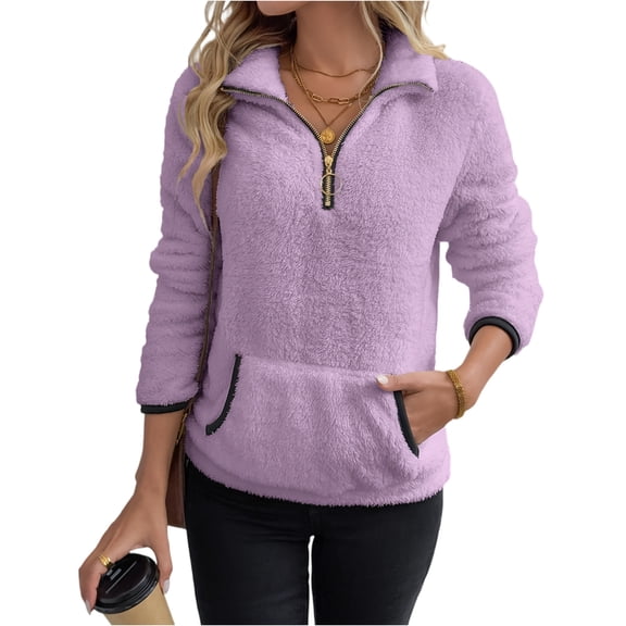 Women's Fall Winter Lapel Sweatshirts Long Sleeve Quarter Zip Cropped Solid Color Pullover Fashion Clothes With Pockets