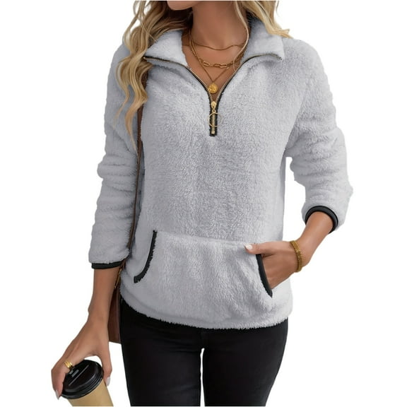 Women's Fall Winter Lapel Sweatshirts Long Sleeve Quarter Zip Cropped Solid Color Pullover Fashion Clothes With Pockets
