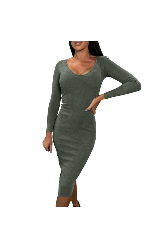 Women's Fall Winter Long Sleeve Dress Casual V Neck Tight Fitting Hip Hugging Elegant Dress